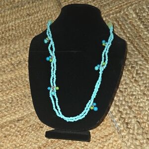 Turquoise Seed Beaded Necklace With Leather Tie